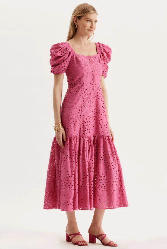 Tyler Boe Cleo Eyelet Midi Dress - Sale in Hot Pink