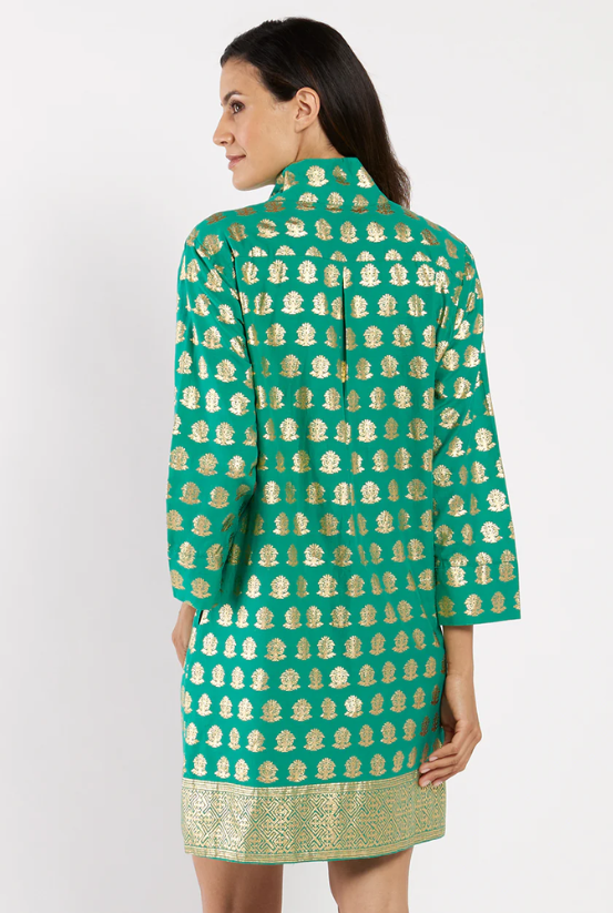 Jude Connally Helen Dress Cotton Voile in Foulard Border Jade Gold