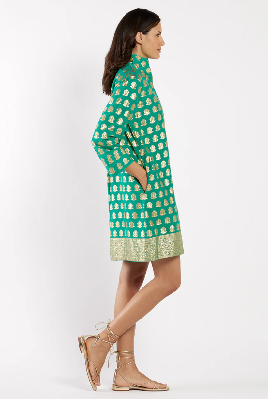 Jude Connally Helen Dress Cotton Voile in Foulard Border Jade Gold