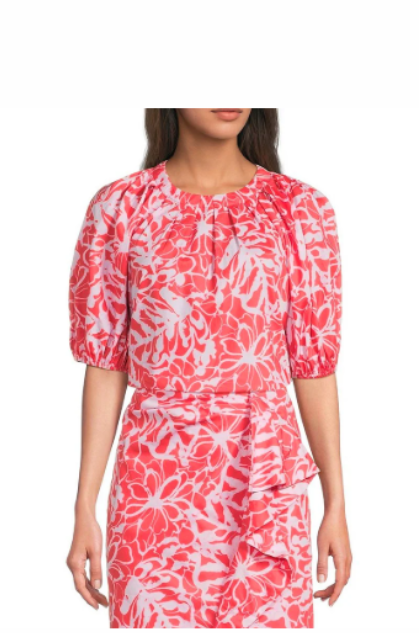 Tyler Boe: Top - Renee Round Neck Floral Short Puff Sleeve