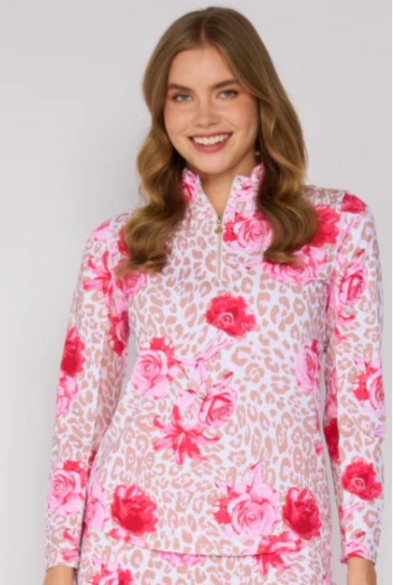 G Lifestyle: Quarter Zip Sun Protection Top In Beige Leopard Floral
