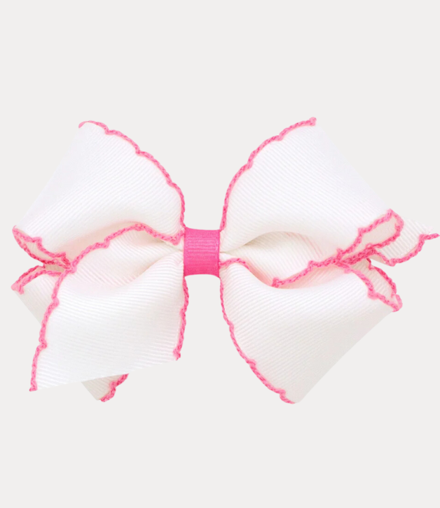 Wee Ones King Moonstitch Grosgrain Hair Bow with Contrasting Wrap in White with Pink