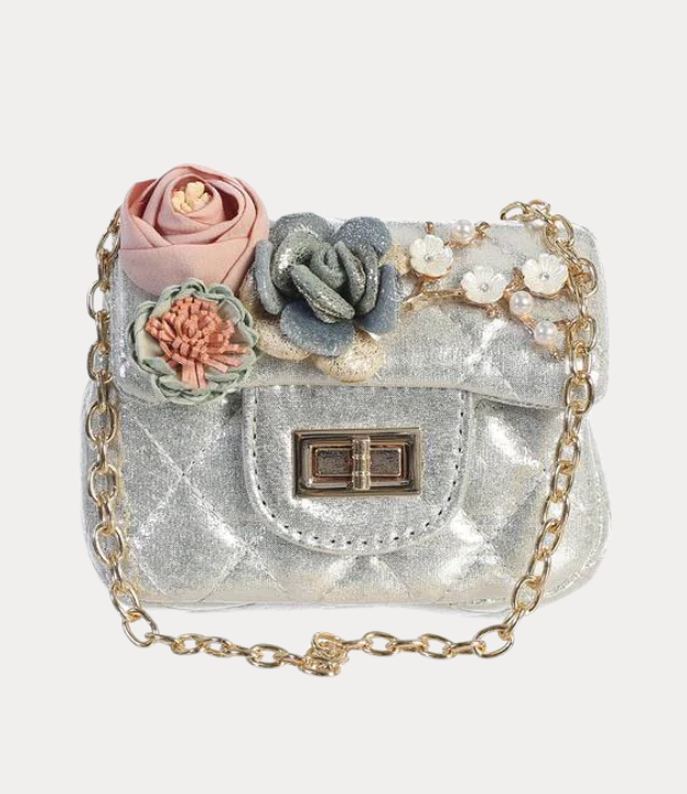 Dear Ellie Silver Metalic Mini Purse with Flowers in Silver