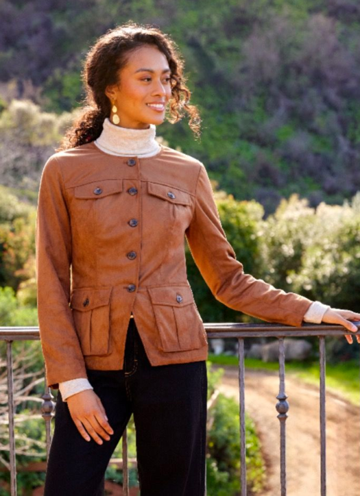 Karen Kane Faux Suede Cargo Jacket in Camel