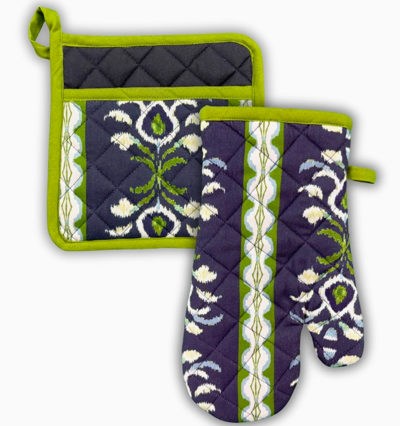 Laura Park Designs Rosemary Stripe Indigo Oven Mitt and Pot Holder Set