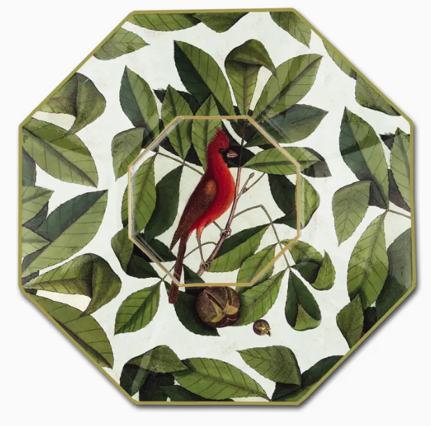 Marye Kelley Cardinal Hickory Tree Decoupage Glass Serving Plate