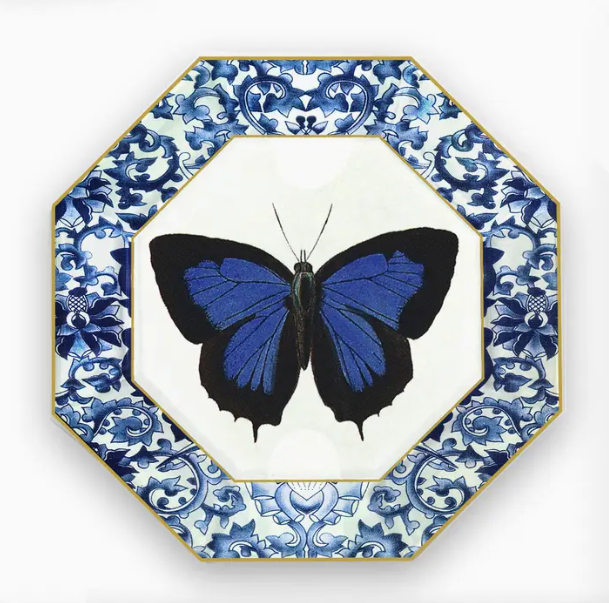 Marye Kelley Blue Butterfly with Black Edge Decoupage Decorative Glass Plate