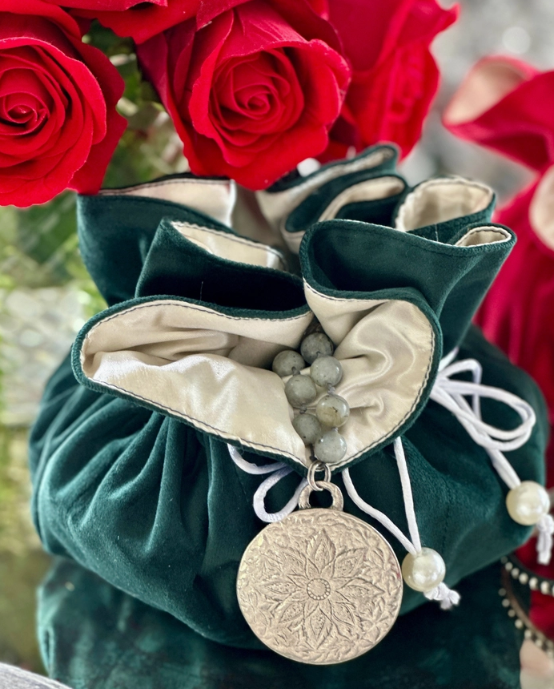 Arte Italica & Crown Linen Designs Velvet Jewelry Blossom Pouch in Forest Green