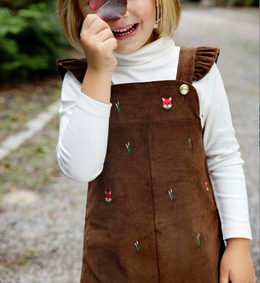 The Beaufort Bonnet Company Critter Julia Corduroy Jumper in Chelsea Chocolate with Foxes