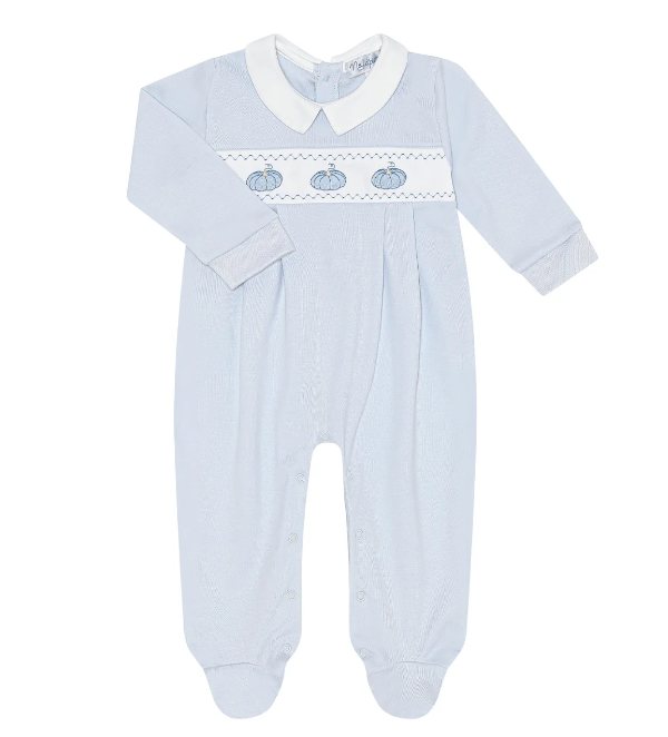 Nella Pima Blue Pumpkin Patch Embroidered Footie