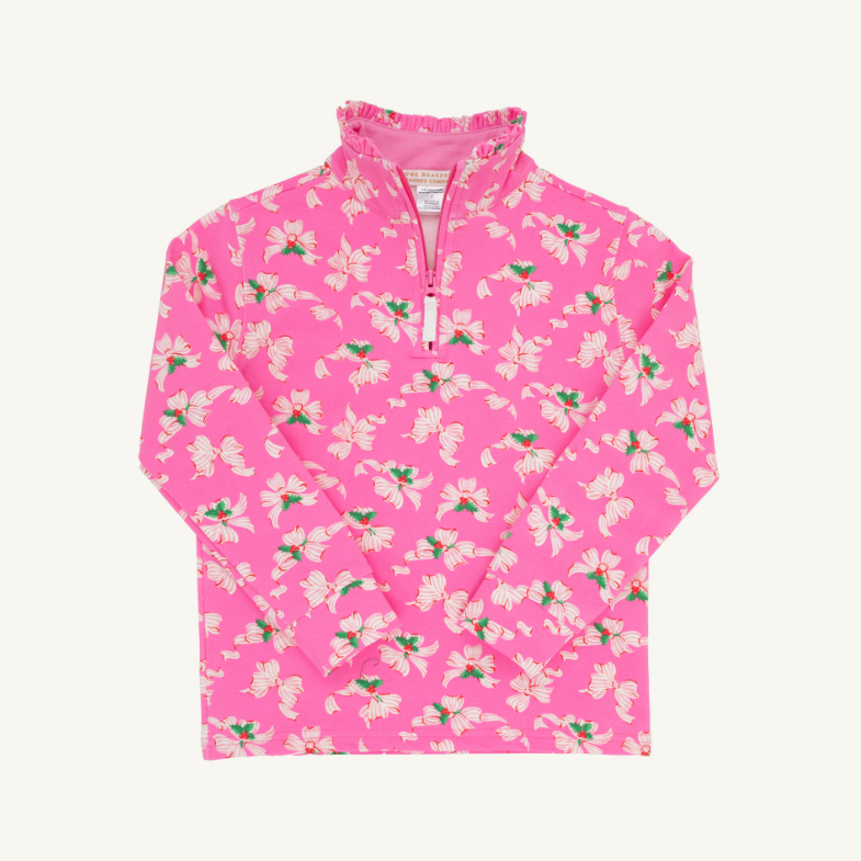 The Beaufort Bonnet Company Canter Collar Half-Zip in Winter Park Pink with Bows of Holly