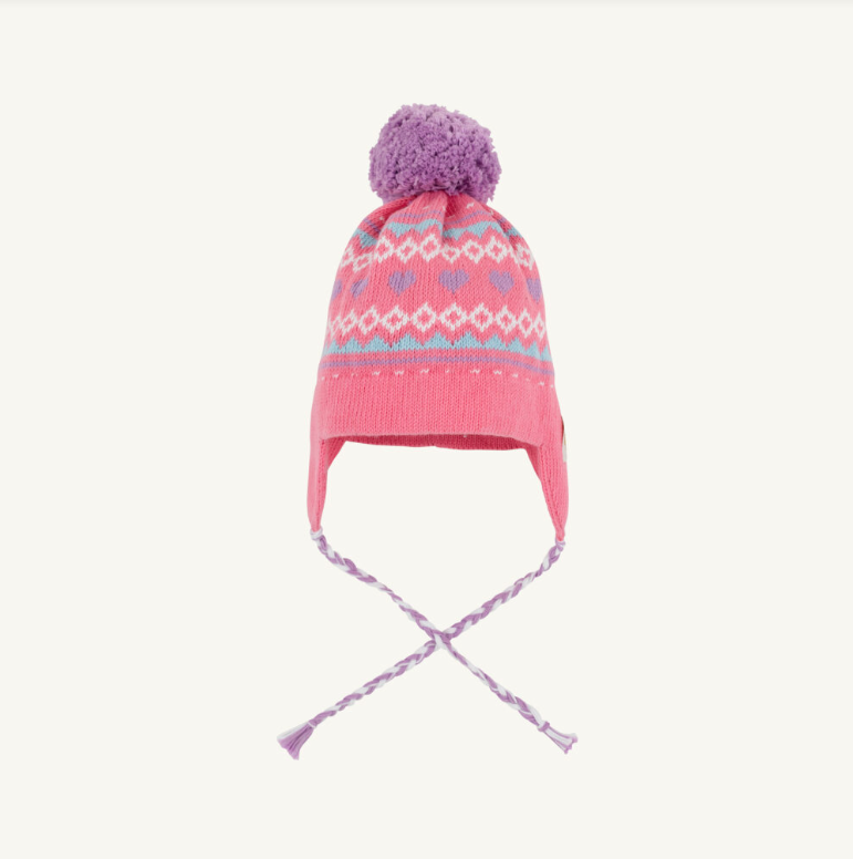 The Beaufort Bonnet Company Parrish Pom Pom Hat in Winter Park Pink with Fairisle Hearts