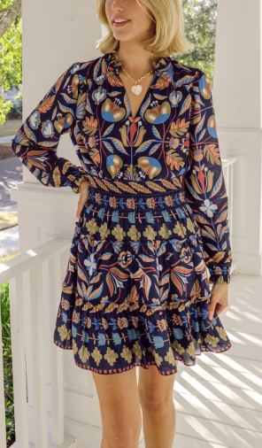 Sail to Sable Long Sleeve Smocked Waist Dress in Navy