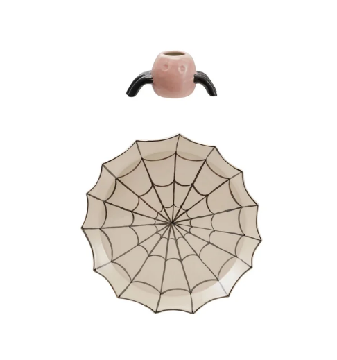 Creative Co-op Spider Web Ceramic Platter with Toothpick Holder