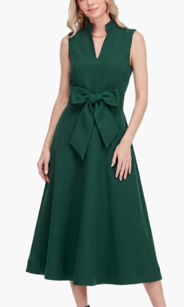 Jade Stand Collar Fit & Flare Dress in Emerald