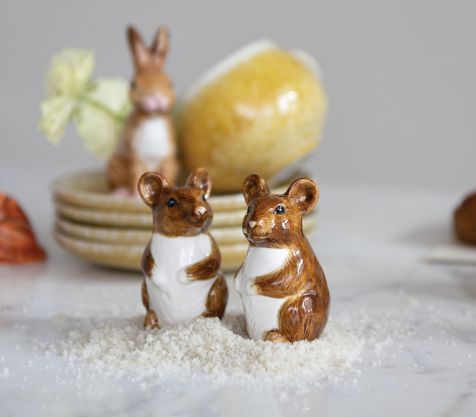 Creative Co-op Hand Painted Sonteware Mouse Salt & Pepper Shaker Set