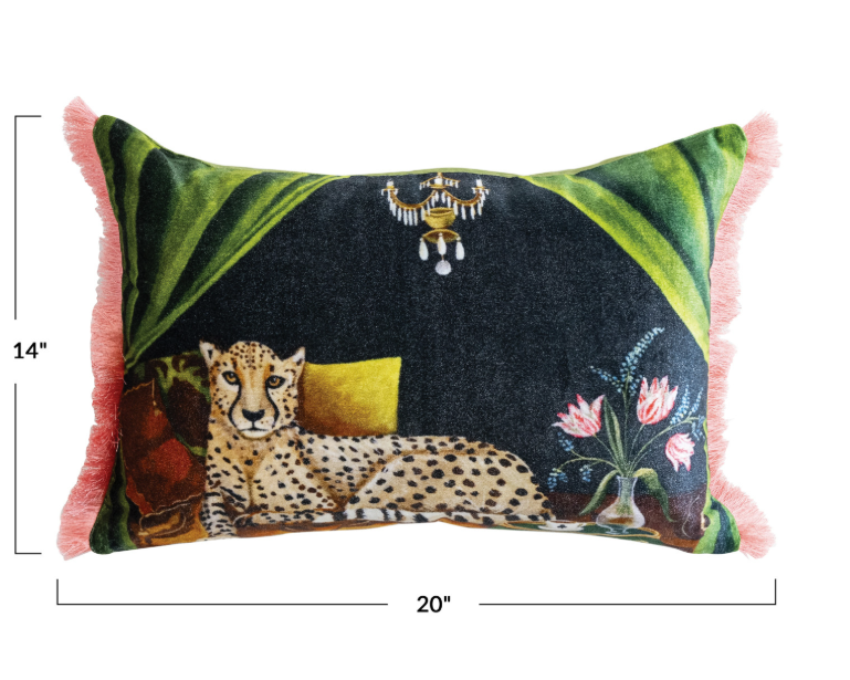 Creative Co-op Cotton Blend Velvet Printed Lumbar Pillow with Eyelash Fringe