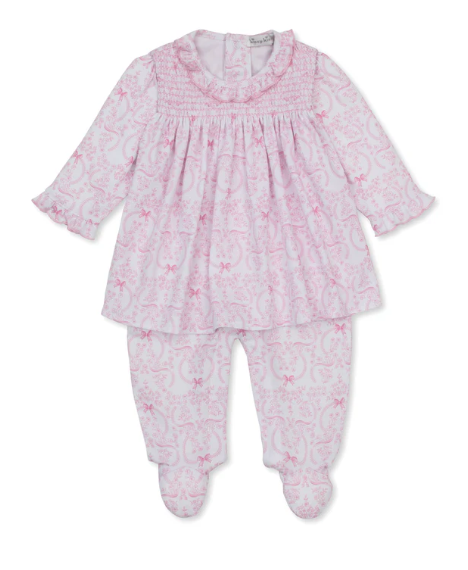 Kissy Kissy Footie Dress Smocked Print in Delicate Blooming Bows Pink