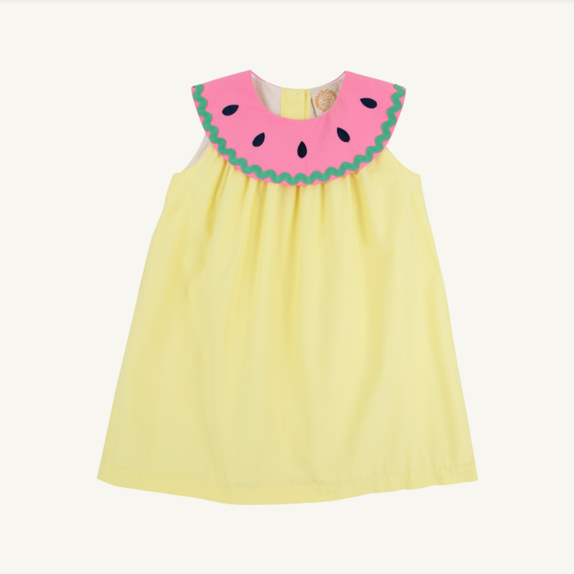 The Beaufort Bonnet Company Tabitha's Teacher's Pet Sleeveless Dress in Lake Worth Yellow with Watermelon Collar