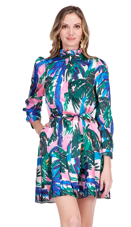 Jade: Printed Brush Stroke Pleated Flounce Dress
