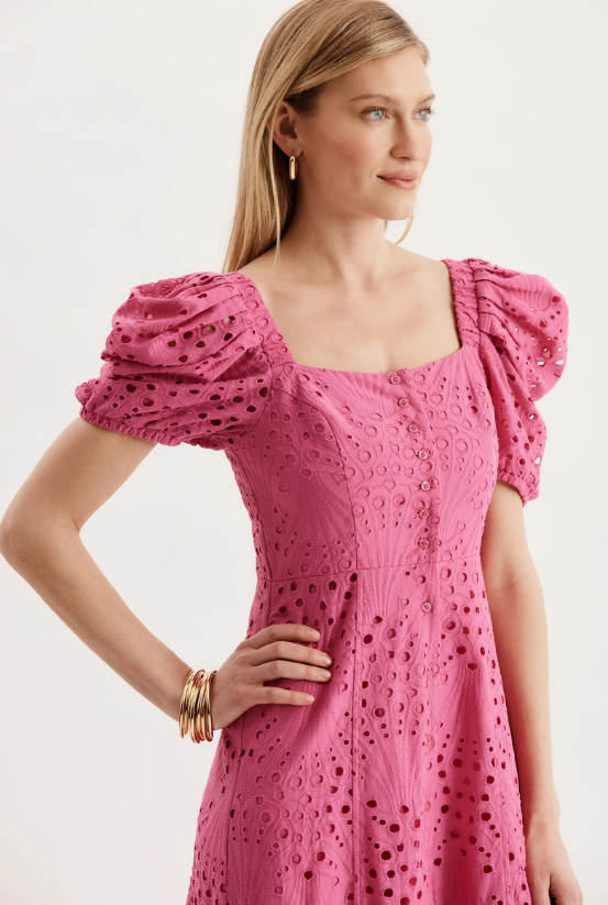 Tyler Boe Cleo Eyelet Midi Dress - Sale in Hot Pink
