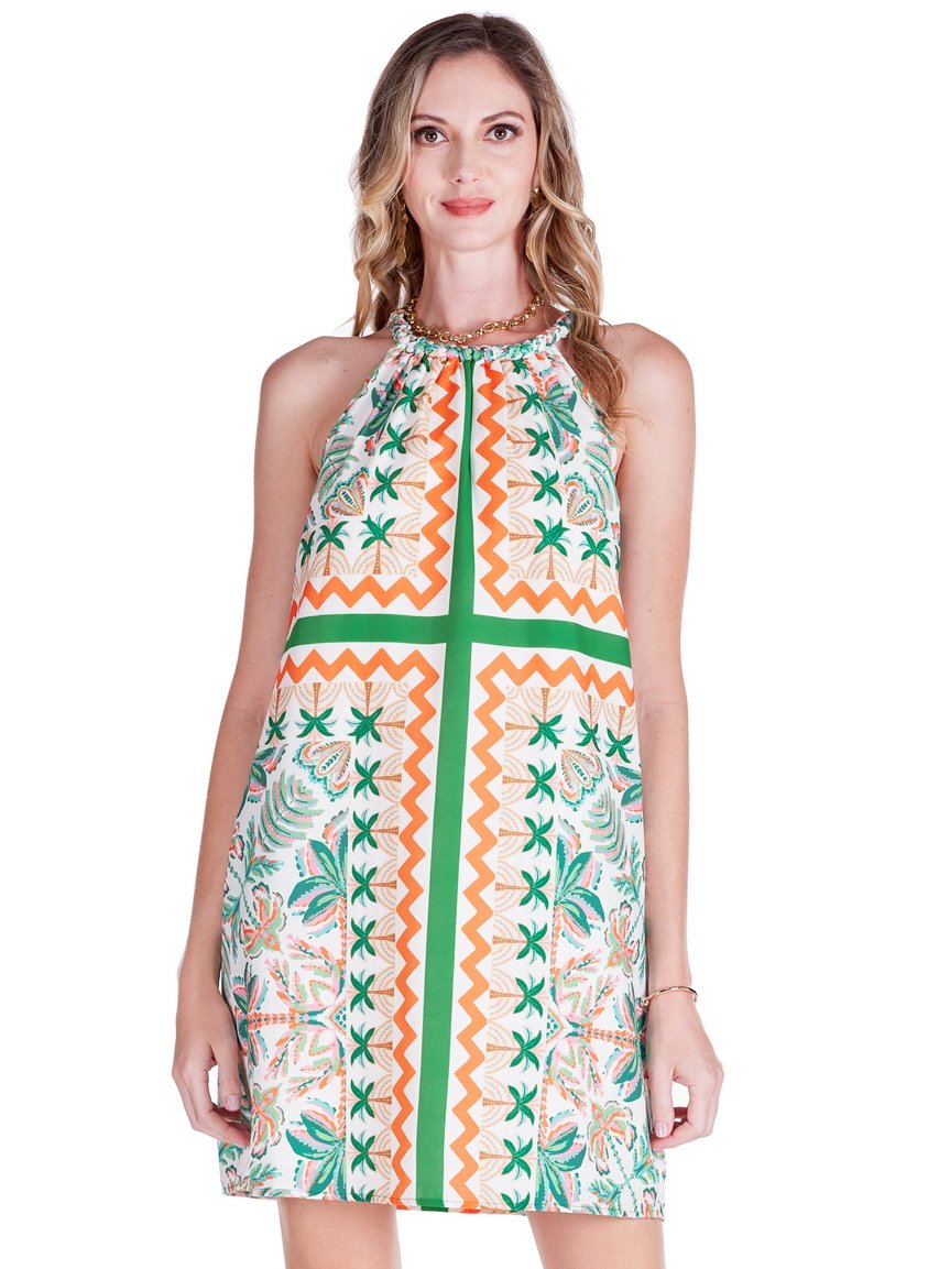 Jade Braided Neck Halter Dress in Palm Fiesta