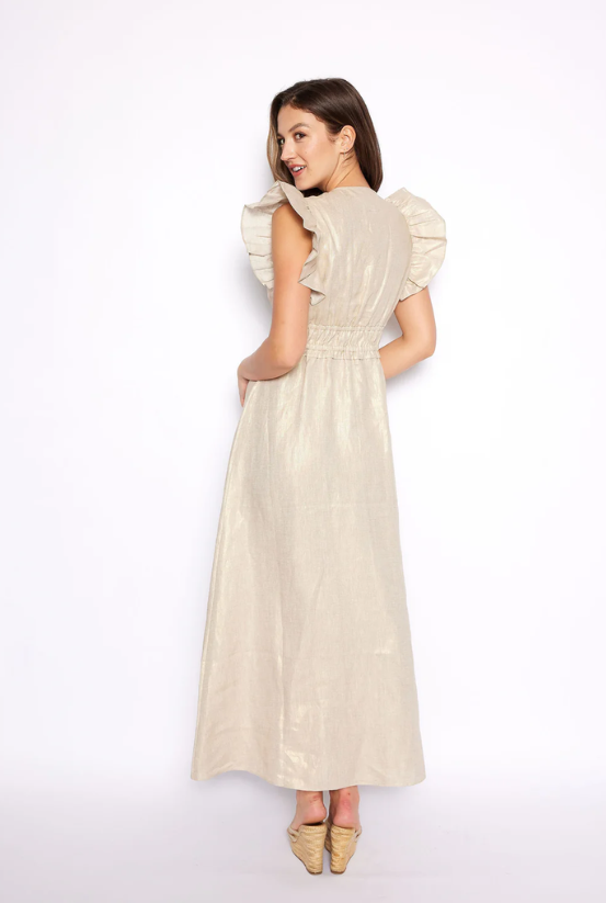 Sail to Sable Gold V-Neck Flutter Sleeve Maxi Dress