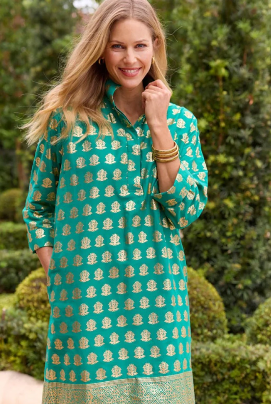 Jude Connally Helen Dress Cotton Voile in Foulard Border Jade Gold