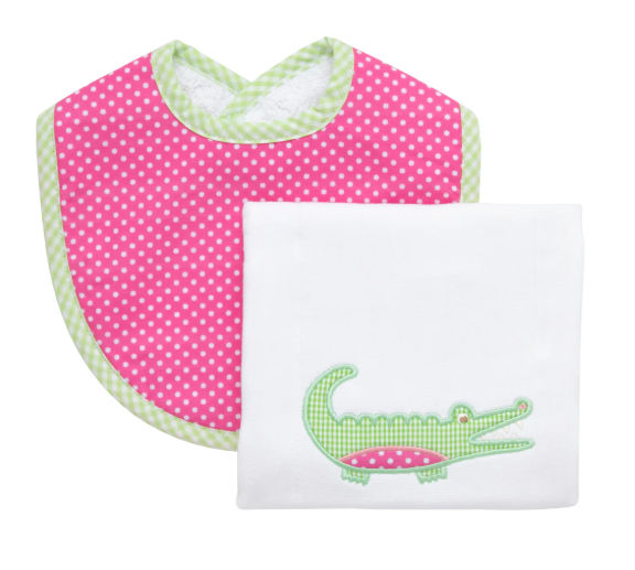 3 Marthas Bib/Burp Set in Pink Alligator