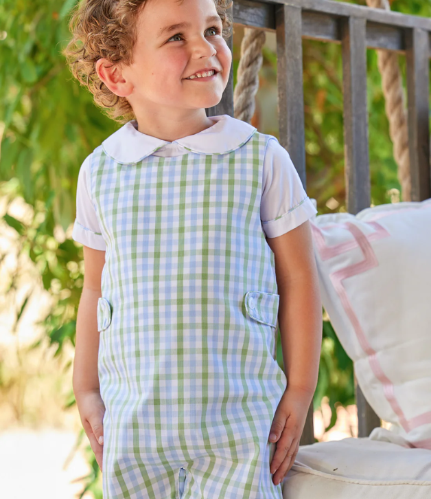 Little English Button Tab John John Set - Cheekwood Plaid