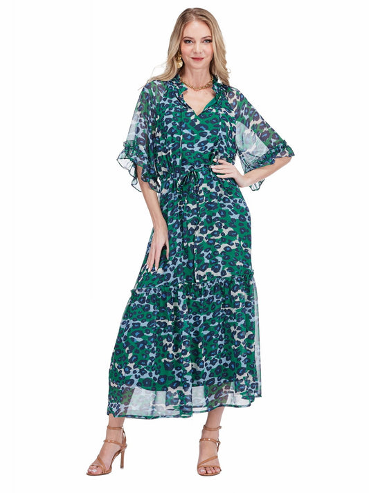 Jade Ruffled and Cinched Midi Dress in Emerald Leopard