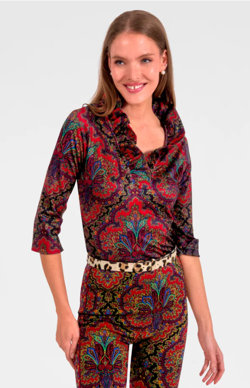 Gretchen Scott: 3/4 Sleeve Ruffneck Top Passion Paisley