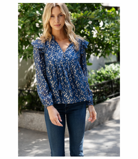 Sail to Sable: Top - Navy Peony Lurex Ruffle w/ Tassles