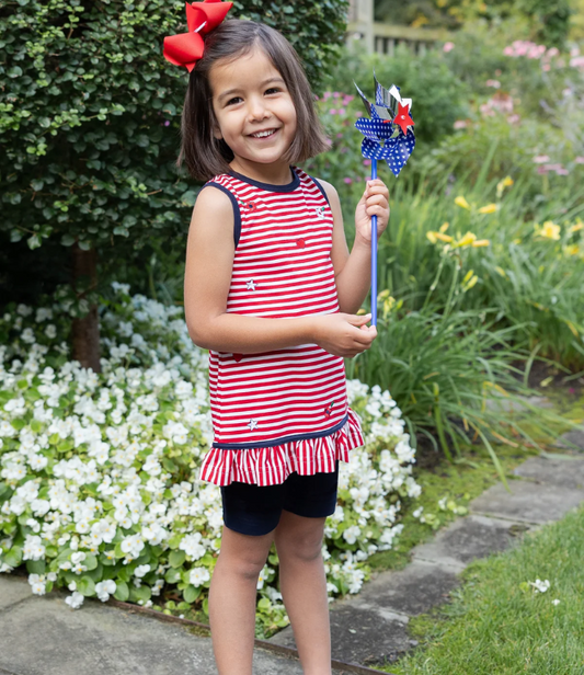 Florence Eiseman Stripe Knit Short Set With Emb Hearts, Stars, Flowers