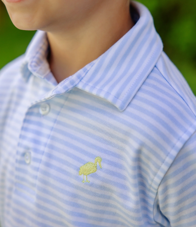 TBBC Prim & Proper Polo in Buckhead Blue Stripe with Seaside Sunny Yellow Stork