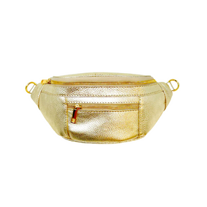 German Fuentas Leather Crossbody Fanny Pack with Guitar Strap in Gold