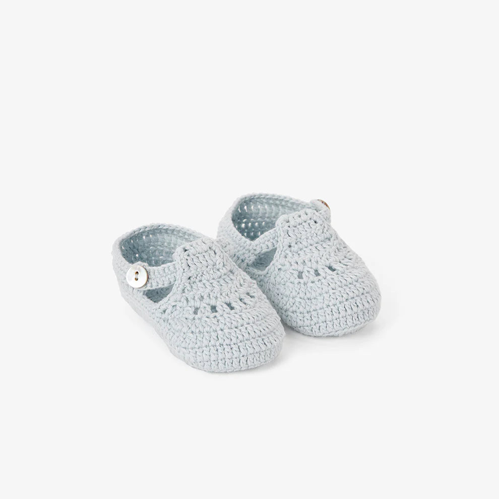 Elegant Baby T-Strap Hand Crocheted Baby Booties in Pale Blue