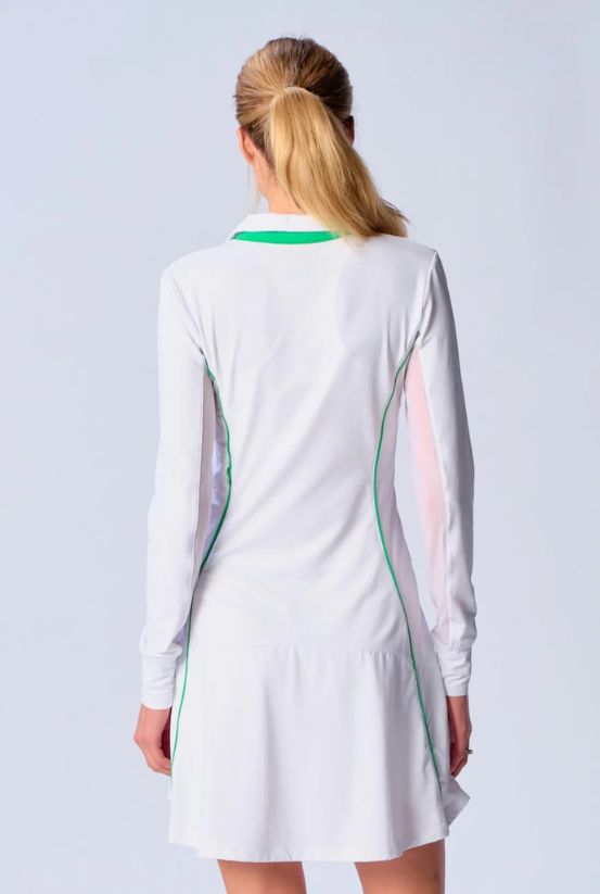 G Lifestyle Color Block Long Sleeve Dress in White/Kelly Green