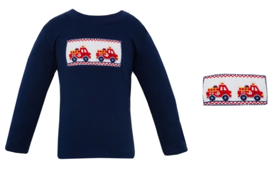 Anavini Long Sleeve Striped T-Shirt in Periwinkle with Firetrucks