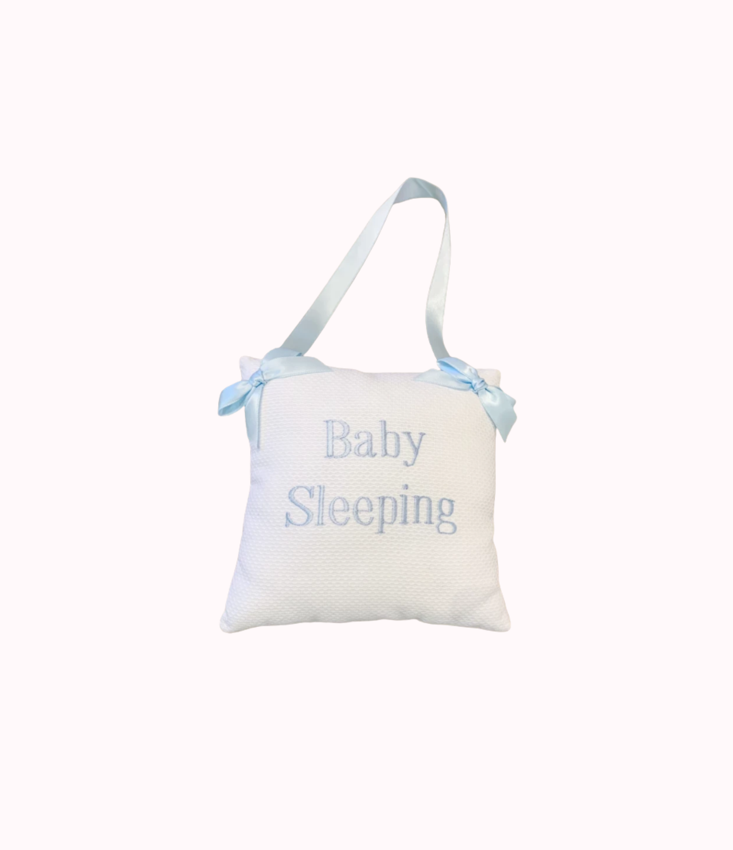 Jan Sevadjian Designs Monogrammed Hanging Pillow with Baby Sleeping in Blue