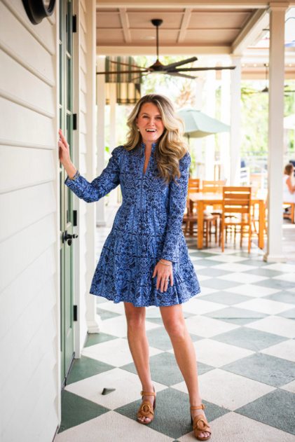 Sail to Sable: Tunic Flare Dress - Tropical Block Print Long Sleeve