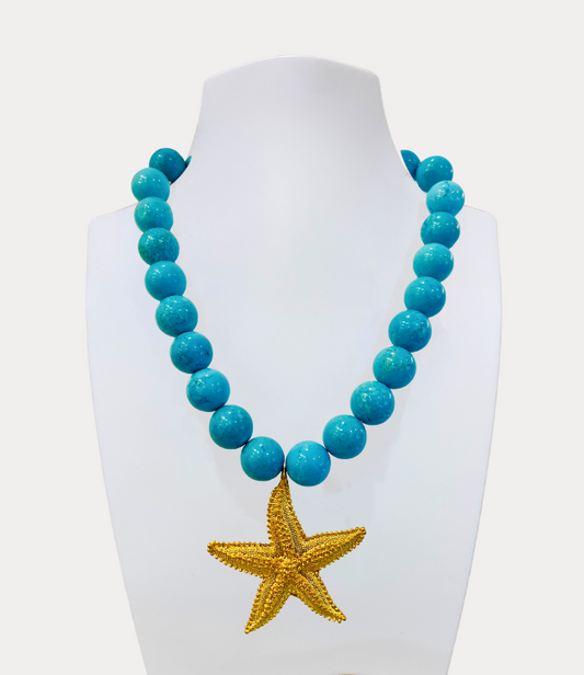 Artisan Necklace with Turquoise Beads and Starfish Pendant