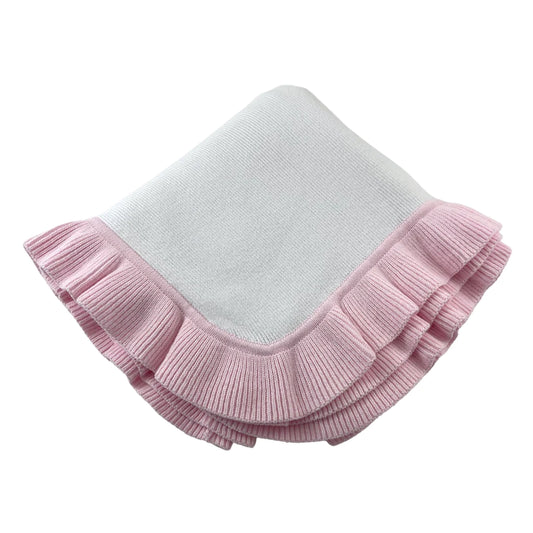 Elegant Baby Jersey Knitted Ruffle Blanket in White/ Pink
