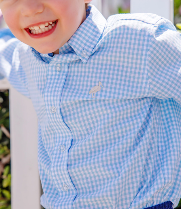 TBBC Dean's List Dress Shirt in Brookline Blue Mini Gingham with Keeneland Khaki Stork