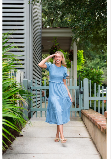 Sail to Sable: Midi Dress - Chambray Puff Sleeve Smocked