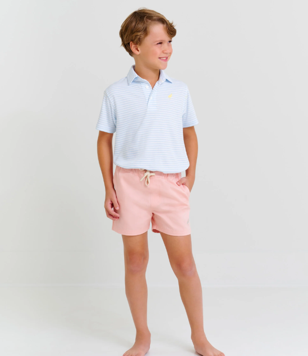 TBBC Prim & Proper Polo in Buckhead Blue Stripe with Seaside Sunny Yellow Stork