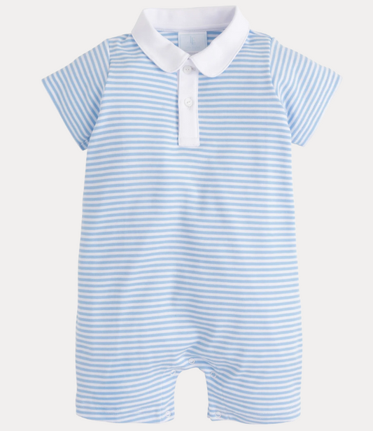 Little English Peter Pan Polo Romper in Light Blue Stripe