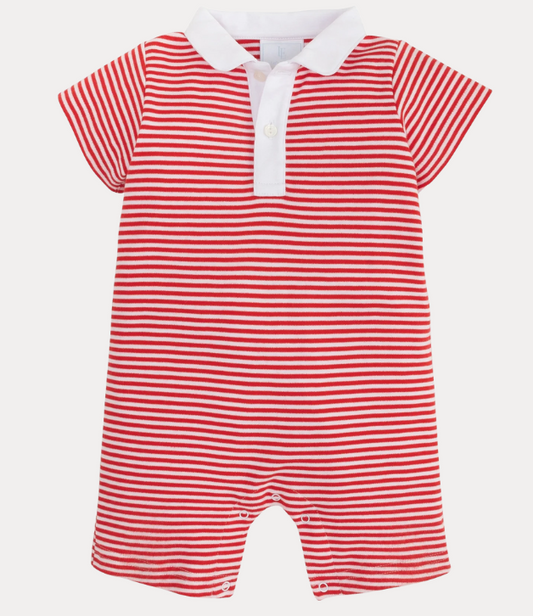 Little English Peter Pan Polo Romper in Red Stripe