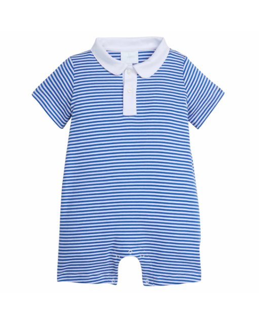 Little English Peter Pan Polo Romper in Royal Stripe