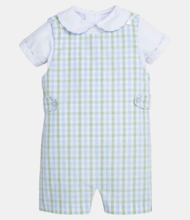 Little English Button Tab John John Set - Cheekwood Plaid